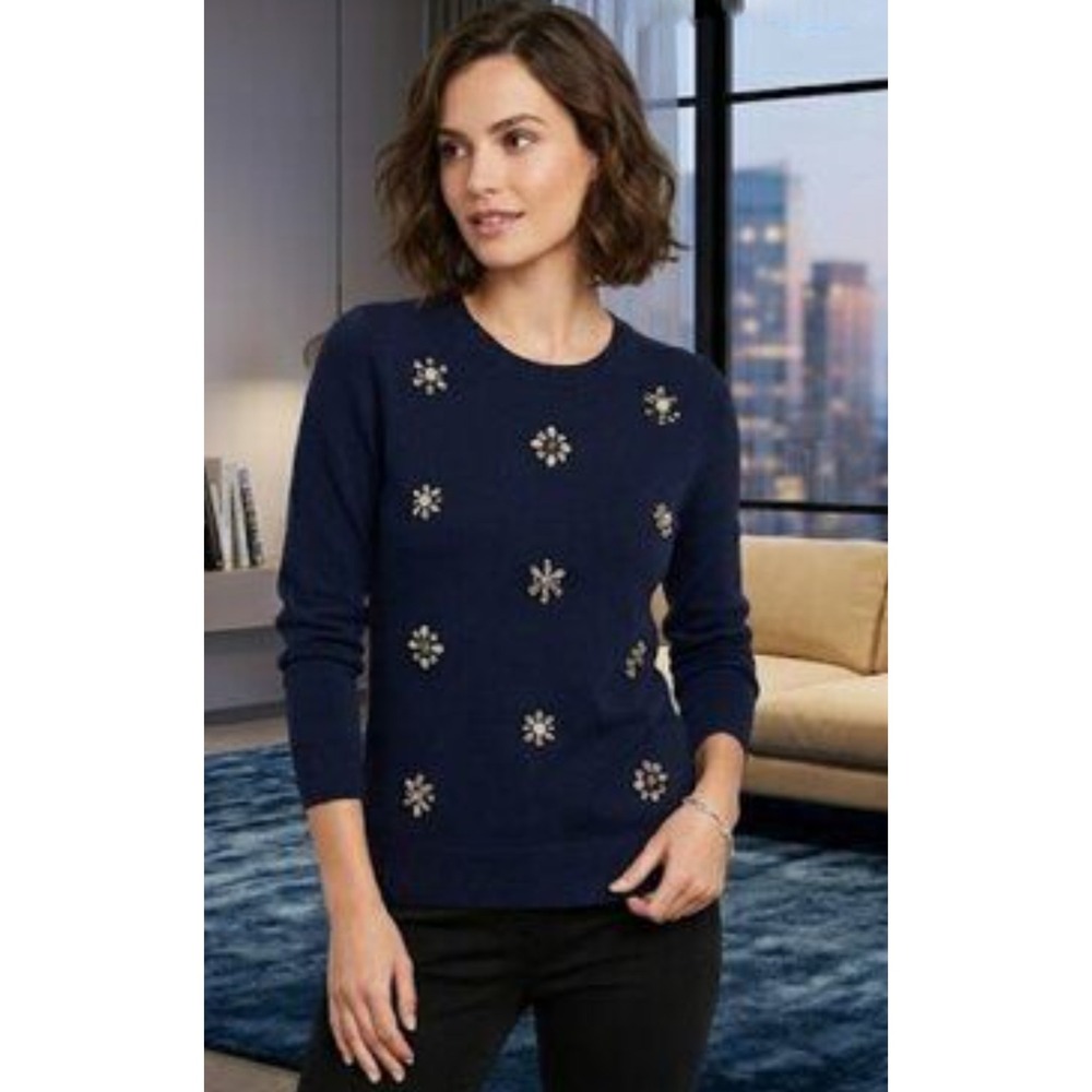 M&S Collection Sweater Women US14 UK12 Blue Pearl Rhinestone Embellished Jumper